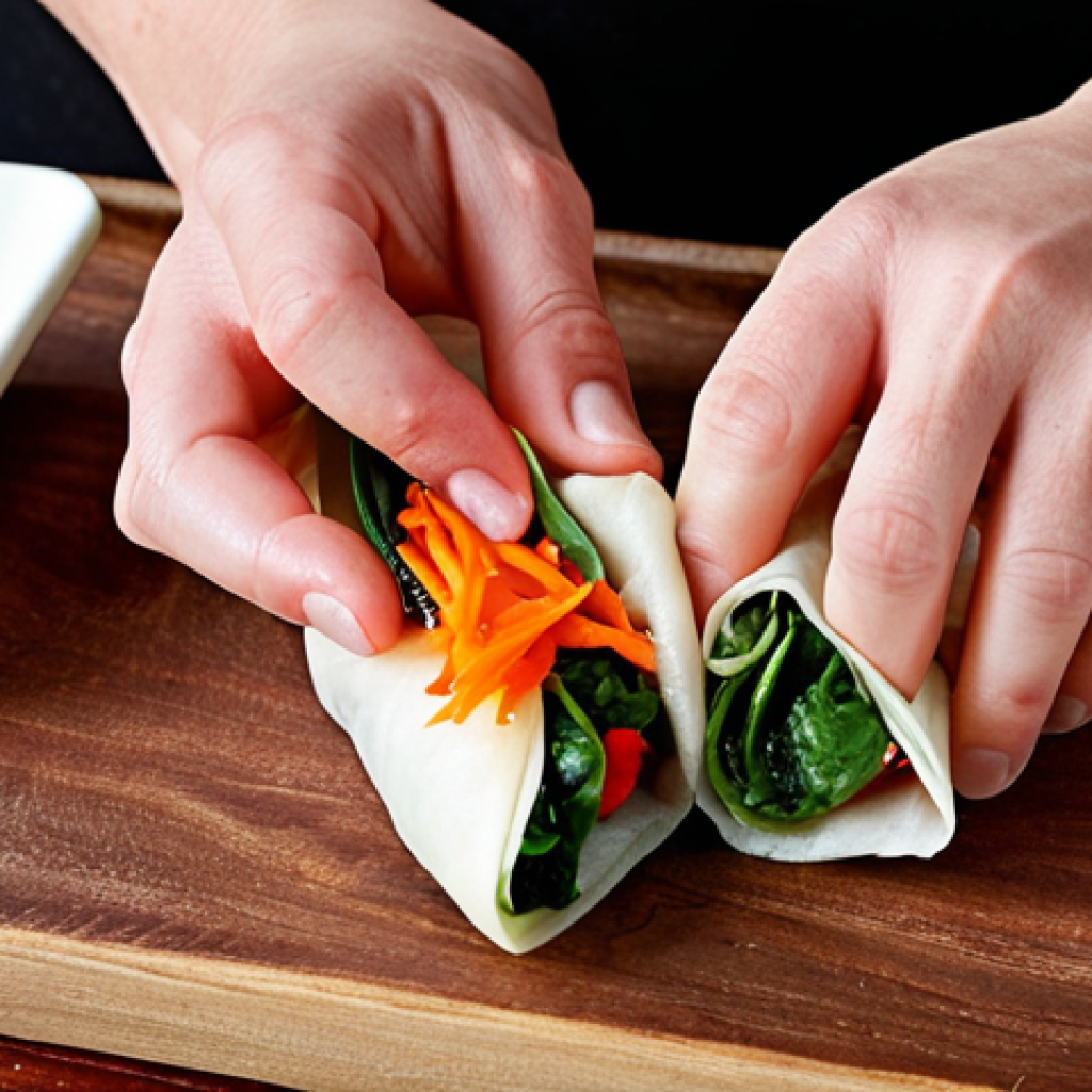**Close-up of hands folding a spring roll with a colorful filling of carrots, red bell peppers, and spinach, showcasing the technique and vibrant ingredients.** (Focus on the "Kunst van het Loempia Vouwen" and "Kleurrijke Vulling" sections.)