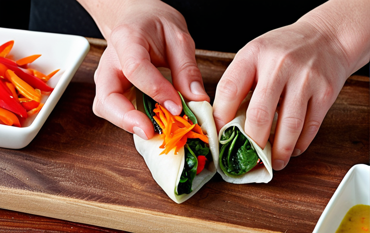 **Close-up of hands folding a spring roll with a colorful filling of carrots, red bell peppers, and spinach, showcasing the technique and vibrant ingredients.** (Focus on the "Kunst van het Loempia Vouwen" and "Kleurrijke Vulling" sections.)