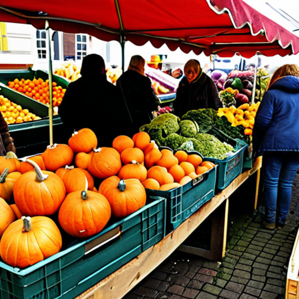 A vibrant market scene in the Netherlands, showcasing colorful seasonal vegetables like pumpkins, beets, and parsnips. People are browsing the stalls, selecting fresh produce. Focus on the abundance and affordability of the vegetables.