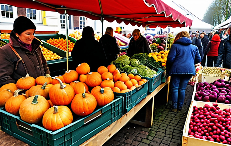 A vibrant market scene in the Netherlands, showcasing colorful seasonal vegetables like pumpkins, beets, and parsnips. People are browsing the stalls, selecting fresh produce. Focus on the abundance and affordability of the vegetables.