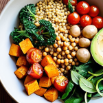 **Prompt 1: The Vibrant & Wholesome Bowl**
    "A vibrantly colored and thoughtfully composed one-bowl meal, showcasing a rich variety of fresh, wholesome ingredients. Feature a base of fluffy quinoa or brown rice, topped generously with diverse vegetables (e.g., roasted sweet potato, crisp broccoli florets, fresh spinach, cherry tomatoes). Include a prominent source of plant-based protein like seasoned chickpeas or lentils, and healthy fats such as sliced avocado or a sprinkle of seeds. A delicious, creamy dressing (e.g., tahini or a vinaigrette) elegantly drizzled over. The lighting is soft and natural, emphasizing textures and colors, creating an extremely appetizing and inviting culinary image. Focus on the abundance and health."