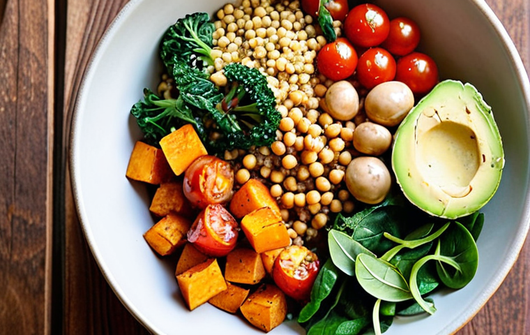 **Prompt 1: The Vibrant & Wholesome Bowl**
"A vibrantly colored and thoughtfully composed one-bowl meal, showcasing a rich variety of fresh, wholesome ingredients. Feature a base of fluffy quinoa or brown rice, topped generously with diverse vegetables (e.g., roasted sweet potato, crisp broccoli florets, fresh spinach, cherry tomatoes). Include a prominent source of plant-based protein like seasoned chickpeas or lentils, and healthy fats such as sliced avocado or a sprinkle of seeds. A delicious, creamy dressing (e.g., tahini or a vinaigrette) elegantly drizzled over. The lighting is soft and natural, emphasizing textures and colors, creating an extremely appetizing and inviting culinary image. Focus on the abundance and health."